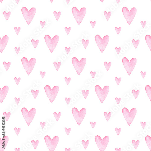 Simple Valentine seamless pattern. Hand painted watercolor background with pink hearts. (ID: 765822055)