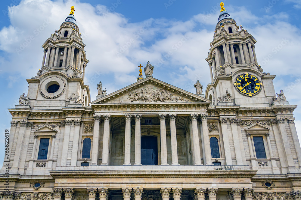 Famous St. Paul Cathedral in London, It sits at top of Ludgate Hill - highest point in City of London. Cathedral was built by Christopher Wren between 1675 and 1711. London, UK.