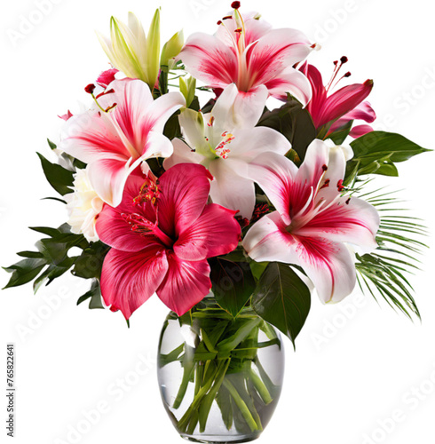 bouquet of hibiscus flowers in a vase decoration planted in a ceramic pot image	
