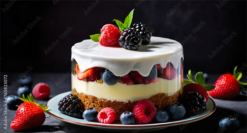 Cream on the top of cake with Blueberries and strawberries Cream on the top of cake with Blueberries and strawberries