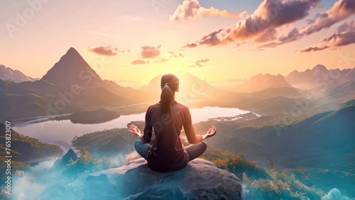 Woman meditating on the top of the mountain at sunset,3d render, Female meditating on top of a mountain with beautiful sunset background, rear view, full body, AI Generated photo