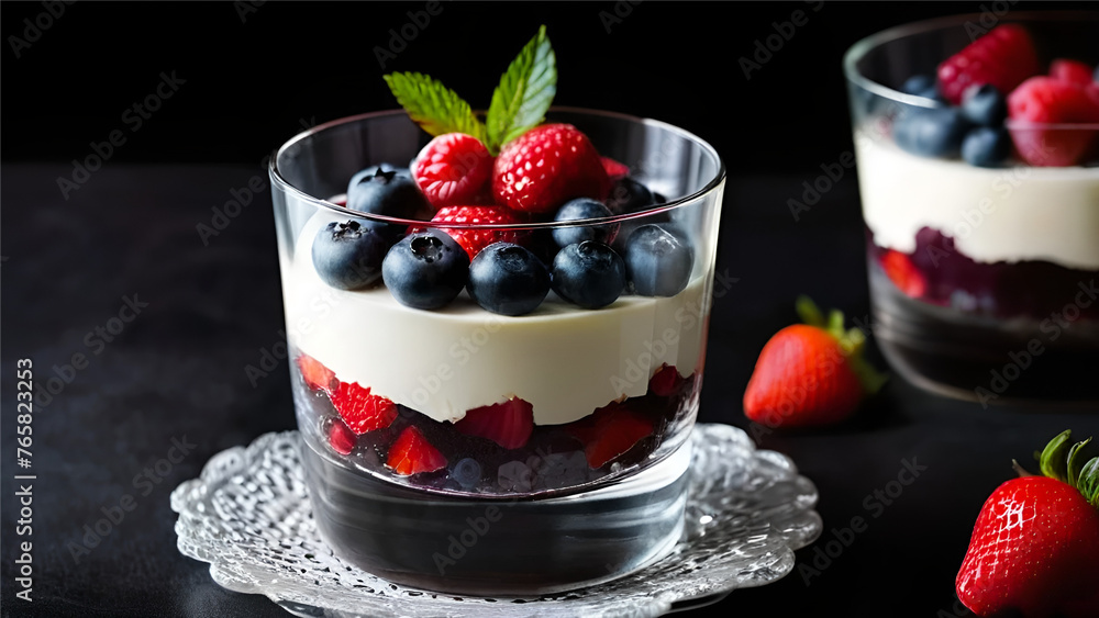 Blueberries and strawberries in glass with milk Blueberries and strawberries in glass with milk