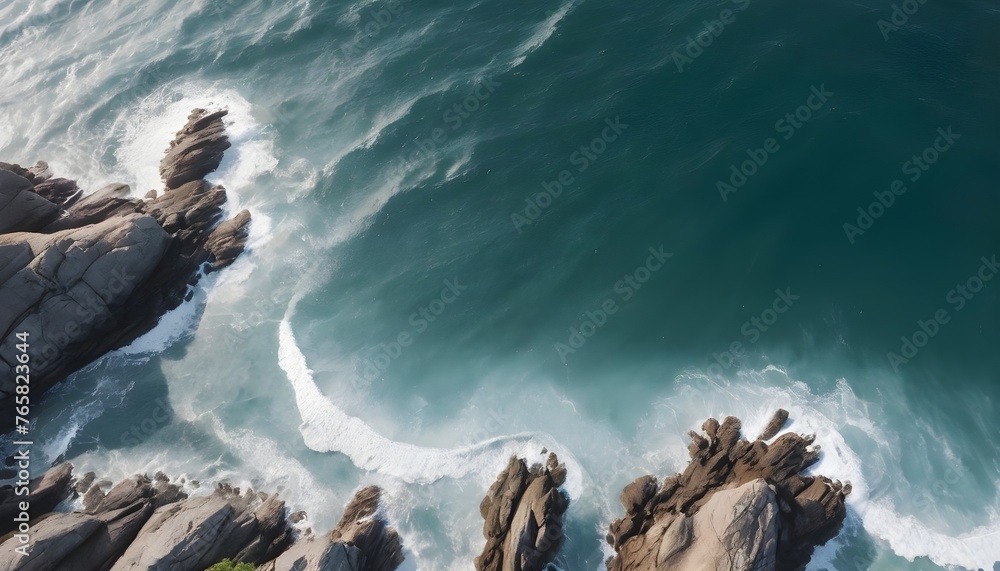 Aerial view from above of ocean, rocks and water waves - obrazy, fototapety, plakaty 