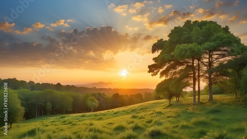 Beautiful  expansive sunrise or sunset over a verdant summertime woodland