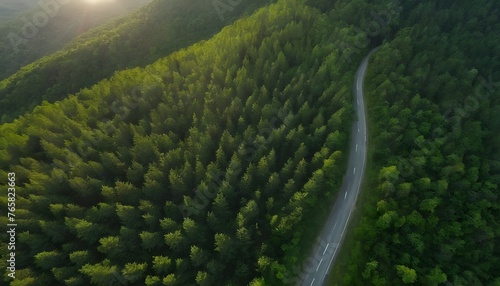 Aerial view from drone of mountain road with sun shining in forest