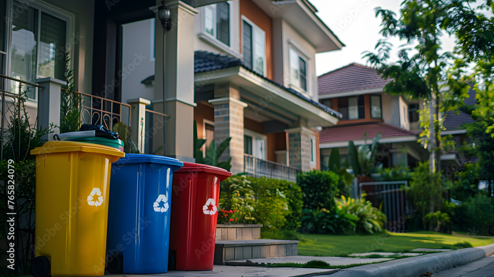 three colorful trash cans placed near a house, specifically designated for sorting garbage i promoting household recycling efforts and waste management three colorful trash cans placed near a house, specifically designated for sorting garbage i promoting household recycling efforts and waste management