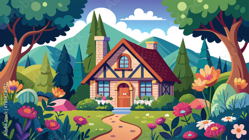 cottage in flowers vector illustration .eps