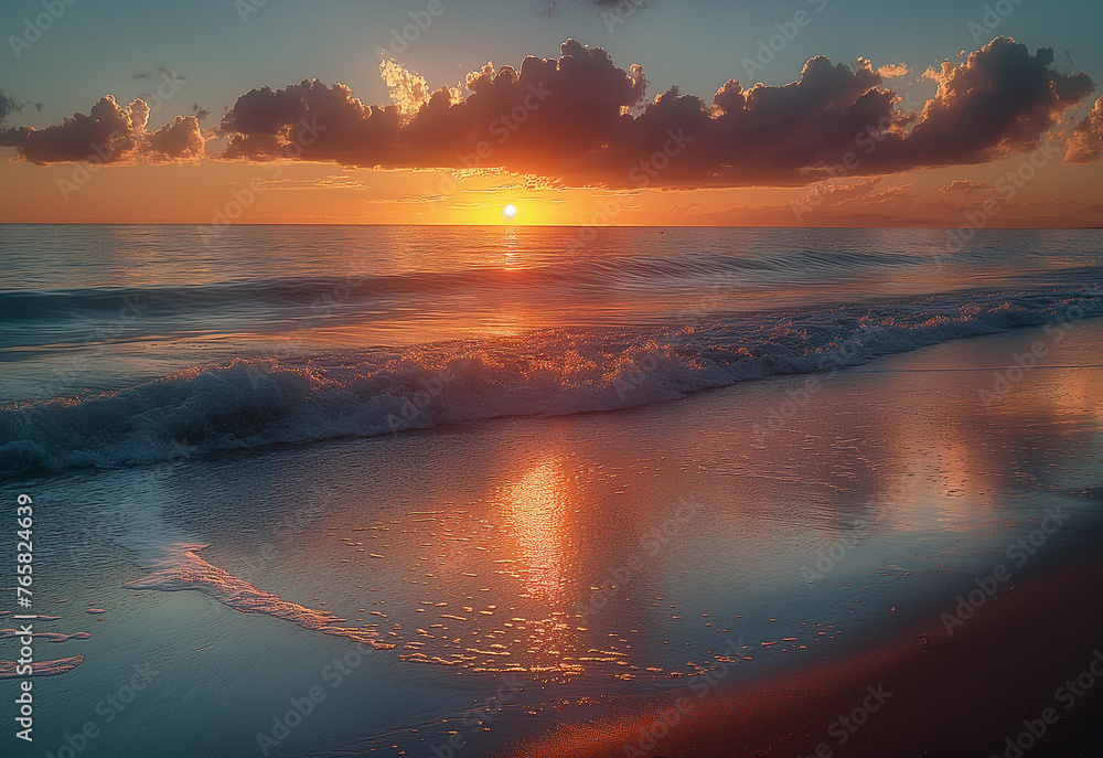 Sunrise over the ocean with gentle waves and sandy beach 