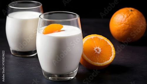 homemade sweet yogurt in a glass with oranges on black background