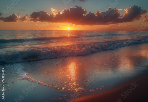 Sunrise over the ocean with gentle waves and sandy beach 