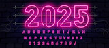 Neon sign 2025 year in speech bubble frame on brick wall background vector. Light banner on the wall background.