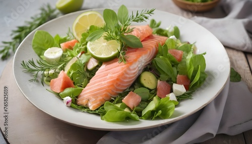 salad with red fish, herbs and lime