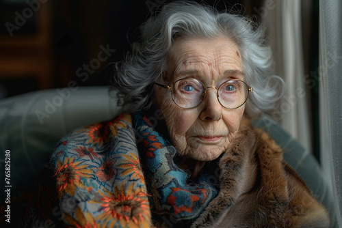 close up portrait senior elderly very old sad woman feeling lonely at poor room house interior looking at one window  dramatic style, AI