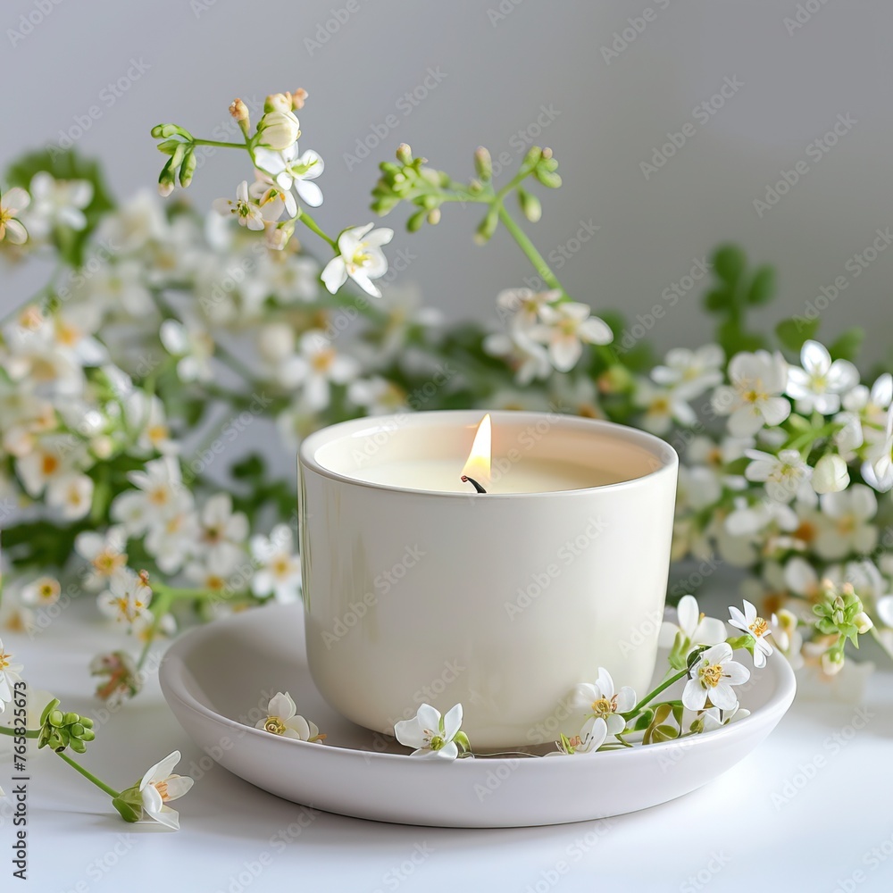 blank Scented candle in ceramic cup mockup pure spring background