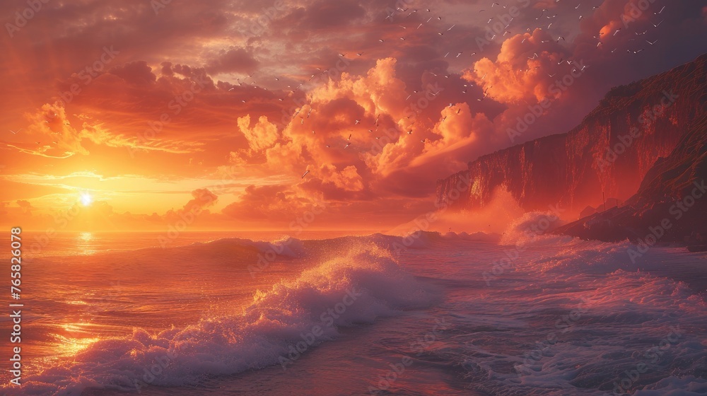 A serene sunset over turbulent waves with warm-hued sky and cliffs.