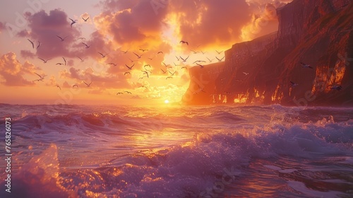 Birds flying over waves against a vivid sunset near towering cliffs.
