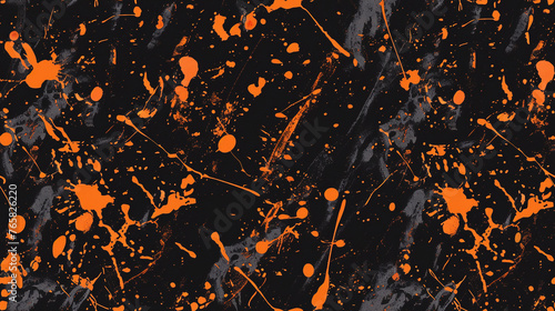 horizontal abstract splatter color background. Black Pattern with Vibrant Orange Paint Splatter. Orange paint splashes on a black background