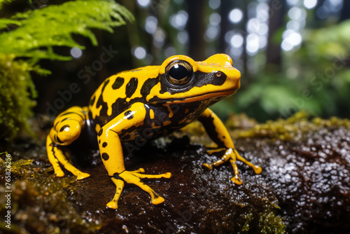 close-up of a yellow and black frog, wildlife documentary photography