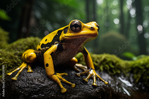 close-up of a yellow and black frog, wildlife documentary photography