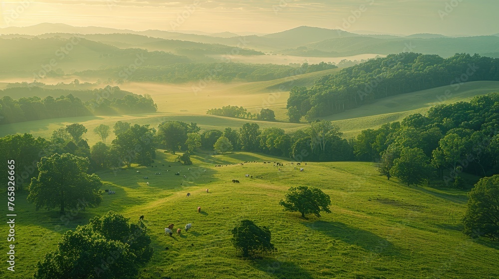 Obraz premium Lush green fields under a soft morning light with grazing cattle.
