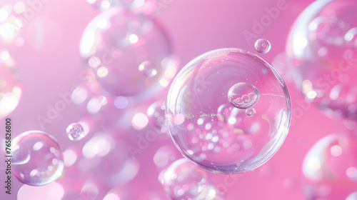 Transparent bubbles float gracefully with a soft pink glow