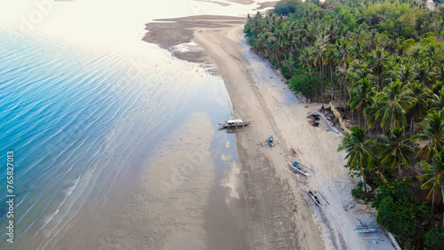 Aerial view of tropical beach with palm trees and boats at low tide © Sergey