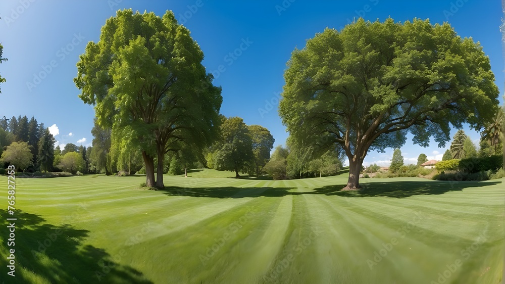 course with trees.Wide angle panoramic view of a verdant lawn at grass level, with a clear blue sky overhead