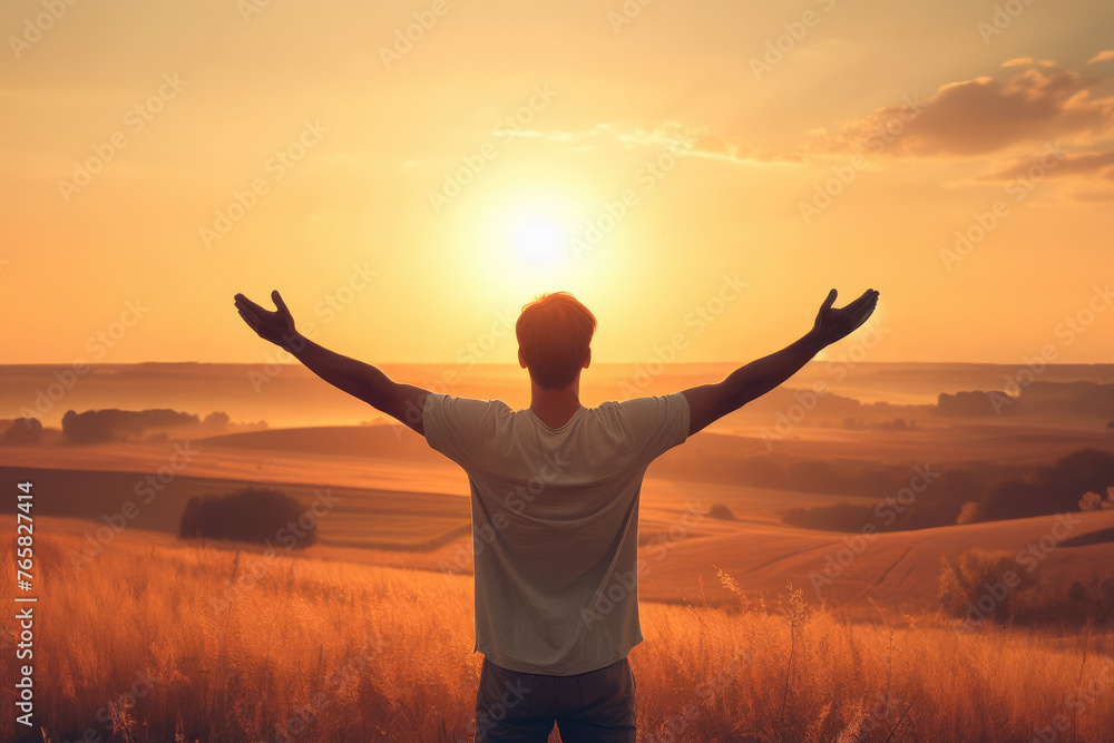 man is standing in field with his arms raised, looking up at sun