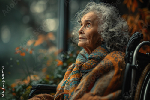 senior elderly old sad woman in wheelchair feeling lonely at poor room house interior looking at one window dramatic style
