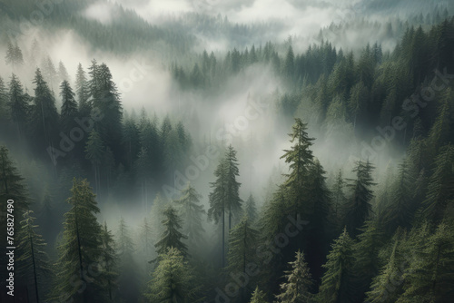 dense forest with foggy mist surrounding trees