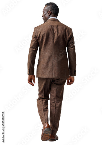 Business man in suit walking isolated on white transparent, Afro American businessman rear view. PNG
