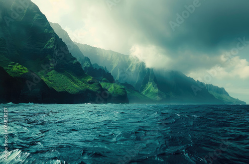 A view of the Napali Coast mountain range on Kauai island in Hawaii, with lush green cliffs and blue ocean water