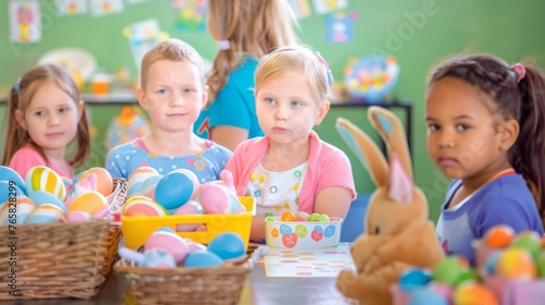 Children playing with Easter Eggs. Primary school age. Having fun in childhood