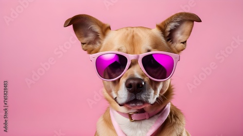 Fashion dog in sunglasses, pink background, fashion, dog, sunglasses, pink, background, animal, cute, portrait, creative, pet, puppy, canino, generative, summer, concept, design, small, style, art,