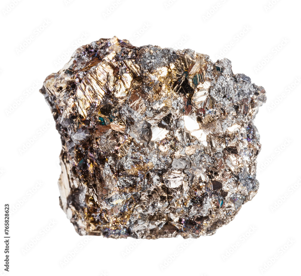 close up of sample of natural stone from geological collection - raw native bismuth mineral isolated on white background from Hartenstein, Germany close up of sample of natural stone from geological collection - raw native bismuth mineral isolated on white background from Hartenstein, Germany