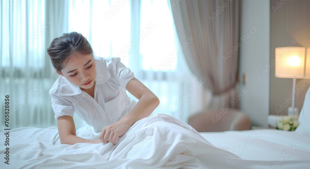 A woman in a white uniform is folding the bed sheet on top of her, working as a housekeeper in a luxury hotel room