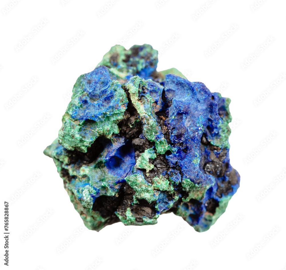 close up of sample of natural stone from geological collection - raw azurite and malachite mineral isolated on white background close up of sample of natural stone from geological collection - raw azurite and malachite mineral isolated on white background