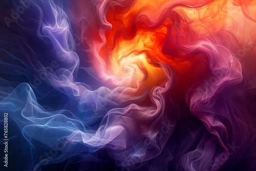 This vibrant image captures a swirling abstract vortex, where streaks of blue and purple smoke blend into a fiery core of reds and oranges, suggesting a dynamic fusion of cool and warm energies