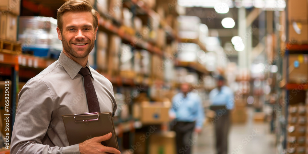 Smiling Male Manager with Clipboard in Warehouse Smiling Male Manager with Clipboard in Warehouse