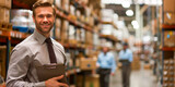 Smiling Male Manager with Clipboard in Warehouse
