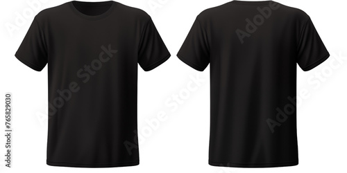 front and back view of plain black t-shirt template mockup, on transparent background.