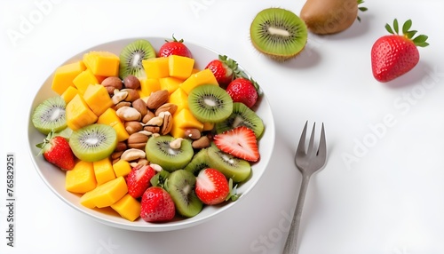 fruit salad with kiwi, strawberries, mango and nuts on white background