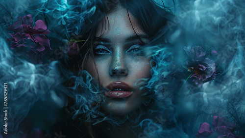 portrait of a woman face with a smoke, abstract woman face in the dark smoke, smoke background