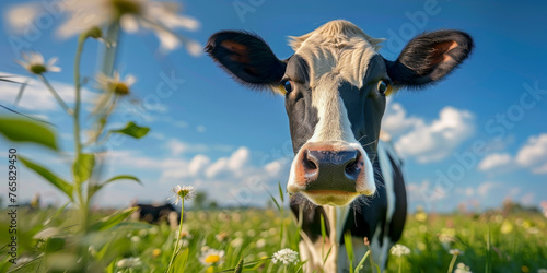 Curious Cow in Sunny Pasture: A Charming Farm Scene