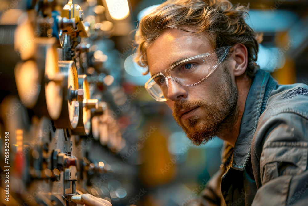 Focused Craftsman Adjusting Machinery in Workshop Focused Craftsman Adjusting Machinery in Workshop