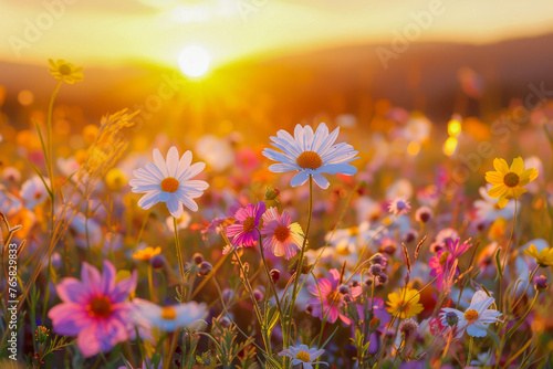 Golden Hour Glow on a Field of Vibrant Wildflowers © smth.design