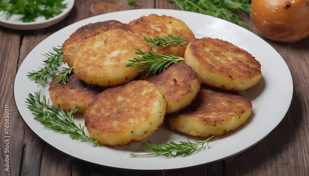 cooked fried potato cutlets with herbs, in a plate on a wooden table