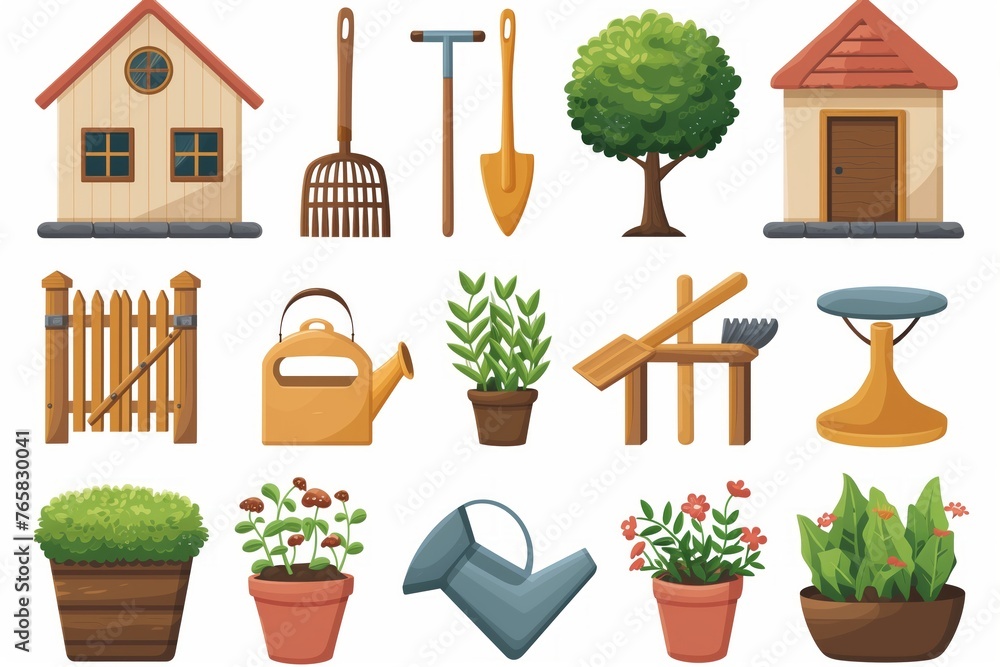 Fototapeta premium Charming collection of home gardening vector icons, featuring variety of potted plants, tools, garden elements on white background. Toolkit, Neat and Organized. Home Hobby Icons, Illustration Art