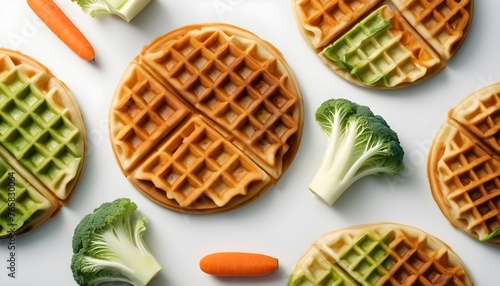 cooked two-color vegetable waffles made from cabbage and carrots on white background