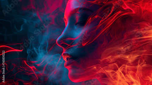 portrait of a woman face with a smoke, abstract woman face in the dark smoke, smoke background © Gegham